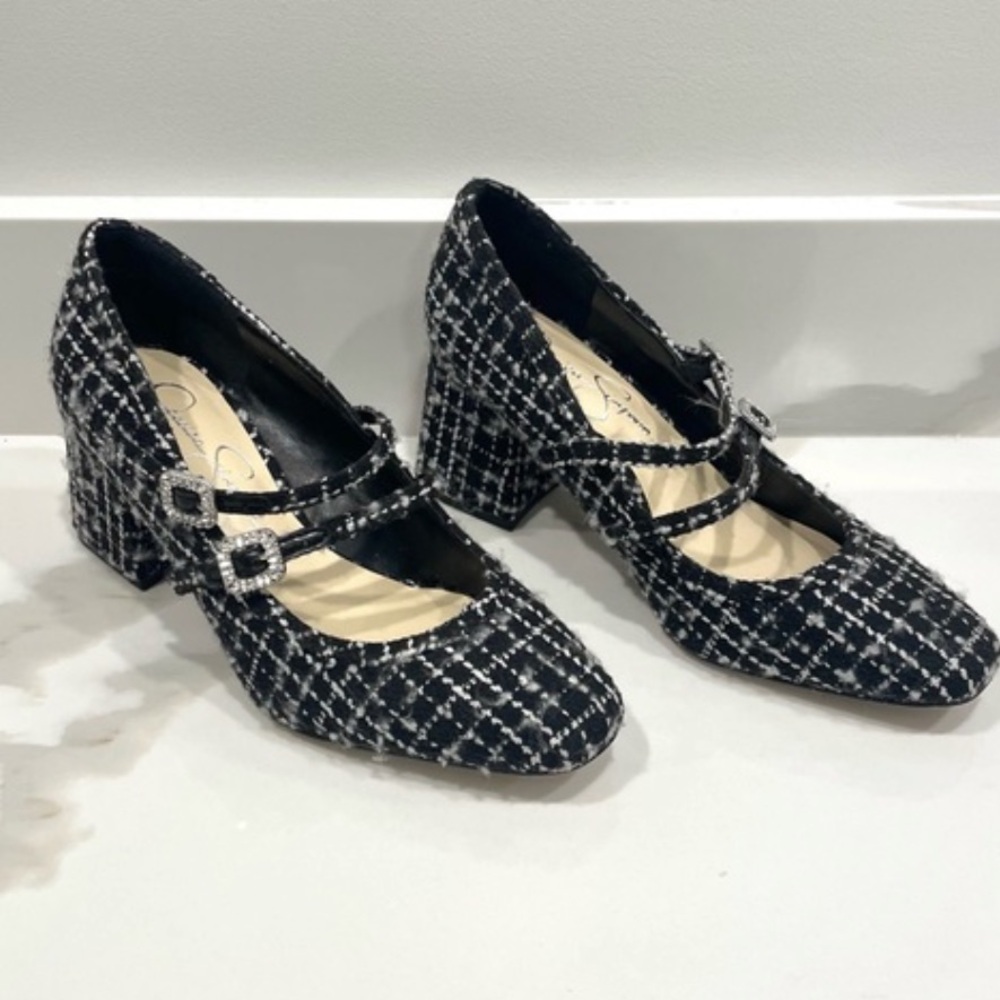 Jessica Simpson Tweed Black White Mary Janes Shoes Rhinestone Buckles 9 NWOT